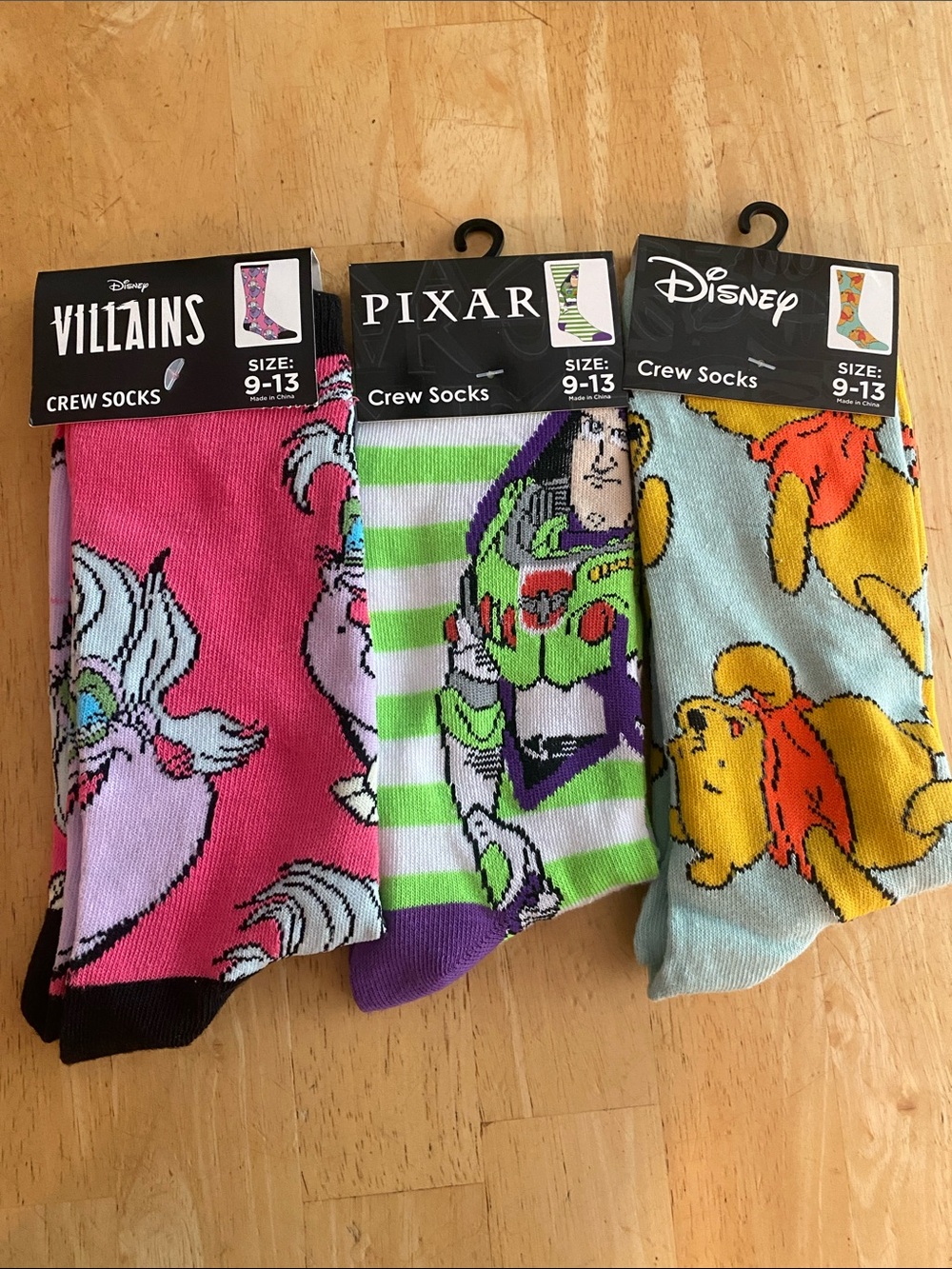 Disney Character Crew Socks Trio Pooh, Buzz Lightyear & Ursula one size NWT